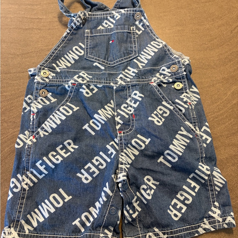 Tommy Hilfiger Navy All-Over Logo Denim Short Overalls